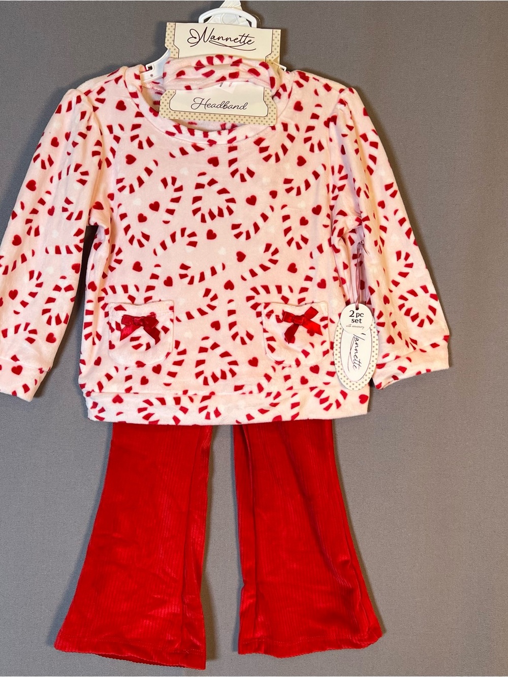 Nannette Pink & Red Candy Cane 24 month 2 Piece Velour Set Flare Pants Holiday